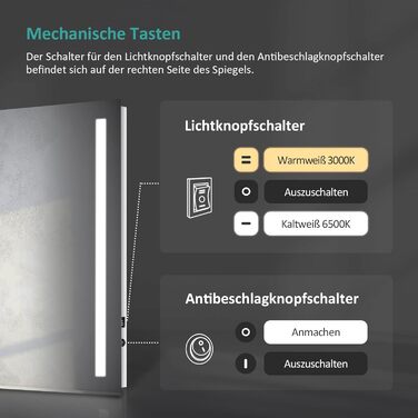 Дзеркало для ванної кімнати EMKE з підсвічуванням 60x80 см, 2 кольори світла, антизапарник, вимикач-кришка, IP44, енергозберігаюче LED, 60L x 80B см