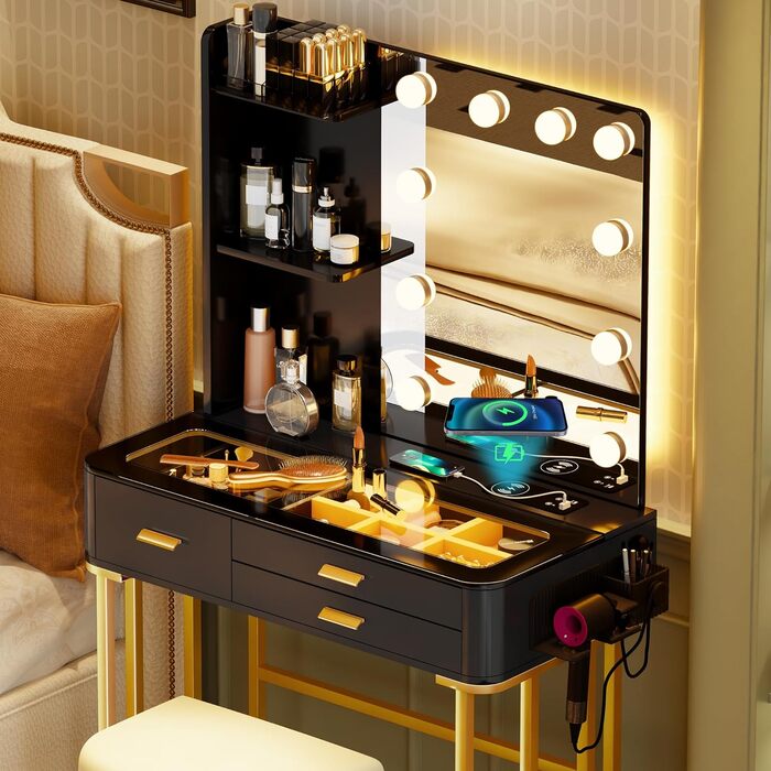 Трюмо Lvifur з дзеркалом у стилі Голлівуд, 10 регульованих лампочок, пуф, ящик, станція зарядки, USB-порт, чорний колір