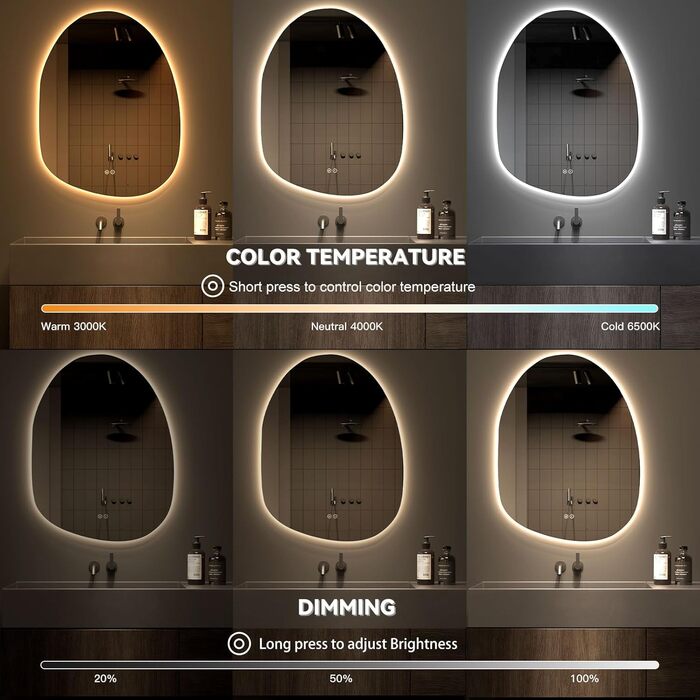 Дзеркало для ванної кімнати Dripex LED з підсвічуванням, сенсорне керування, регулювання яскравості, 3 кольори світла, без запотівання, 85x52 см