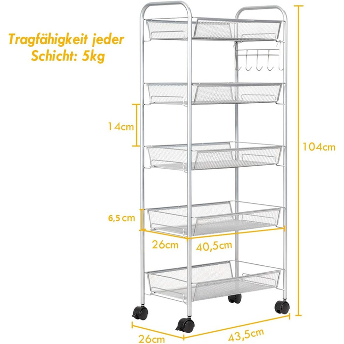Візок для подачі COSTWAY 5 ярусів з гачками, універсальні колеса, металевий, 43,5 x 26 x 104 см