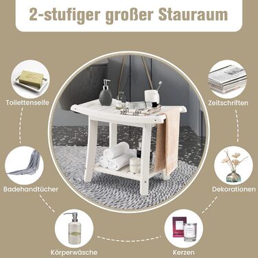 Двомісна душова лавка COSTWAY з полицею, 170 кг, біла. Душовий стільчик для дорослих та літніх людей, 60,5 x 34 x 48 см