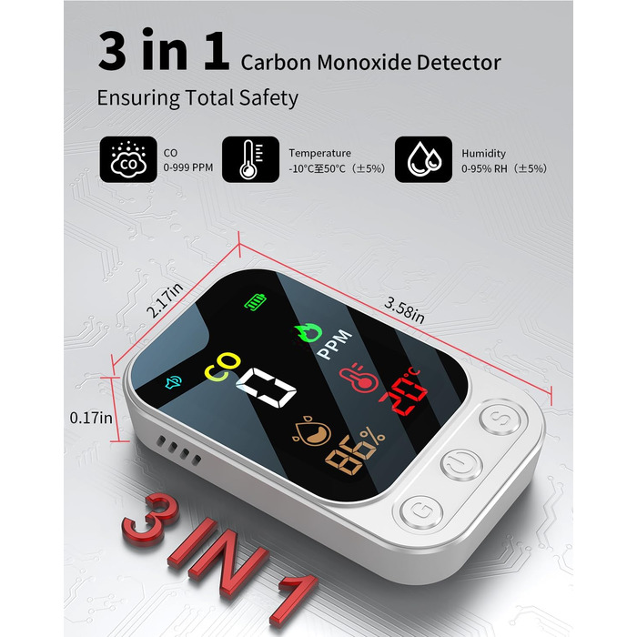 Детектор CO YEREADW 3-в-1: портативний детектор вуглекислого газу з індикатором температури та вологості, для дому, кемпінгу, 1 шт.