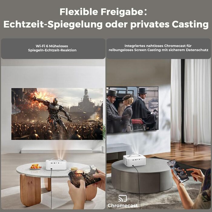 Портативний проєктор Beamer 4K з Dolby Audio, HDR10, WiFi6, Bluetooth 5.4, Auto Fokus, для домашнього кіно та перегляду спортивних подій, білий