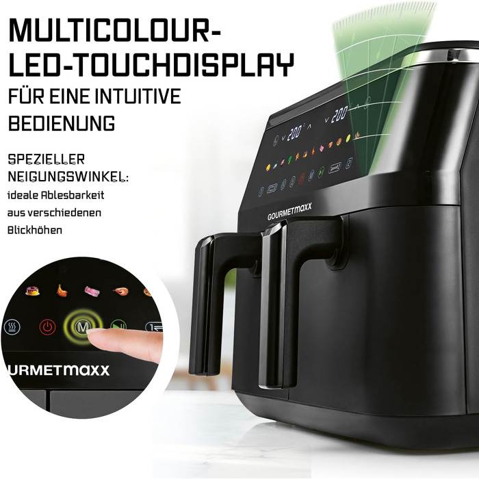 GOURMETmaxx Фрай-Ап Вертикальна Подвійна Камера Гарячого Повітря Фритюрниця | Вертикальний Airfryer | Складне Сенсорне Дисплей | 32% Економія Місця | Об'єм 10Л | Фритюрниця Гарячого Повітря 2 Камери (Чорний, 9 Літрів (2x 4,5Л))