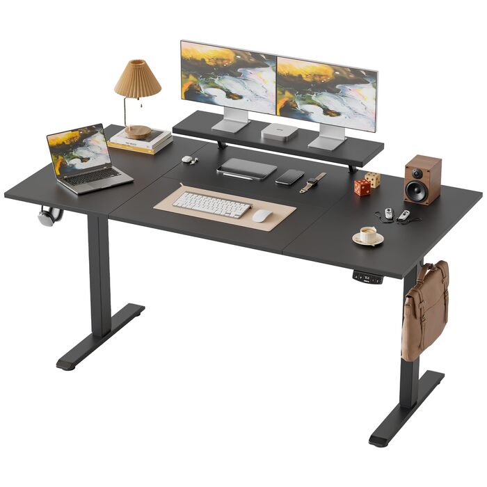 Регульований по висоті письмовий стіл Klicelor з LED-підсвіткою та розетками, 160x80 см, ігровий стіл для офісу з моніторною підставкою, чорний