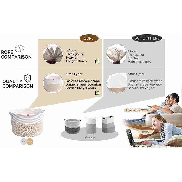 Великий міцний кошик для білизни з плетіння, сірий/бежевий (горизонтальний), для зберігання одягу, ковдр, іграшок, 50x38 см