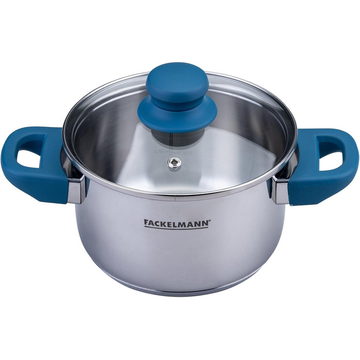Каструля Fackelmann Essential з нержавіючої сталі з ергономічною ручкою Bakelite та літровою шкалою, 16 см, блакитна