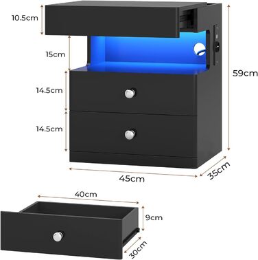 Нічний столик AOGLLATI з прихованим відділенням, розеткою та LED-підсвічуванням, 2 шухляди, висувний ящик, полиця, глянцева поверхня (40x35x59 см, чорний, 2)