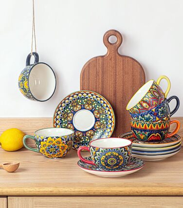 Кавовий сервіс Henten Home з порцеляни, 6 чашок, 250 мл, ручної роботи, набір для 6 осіб. Включає чашки та блюдця