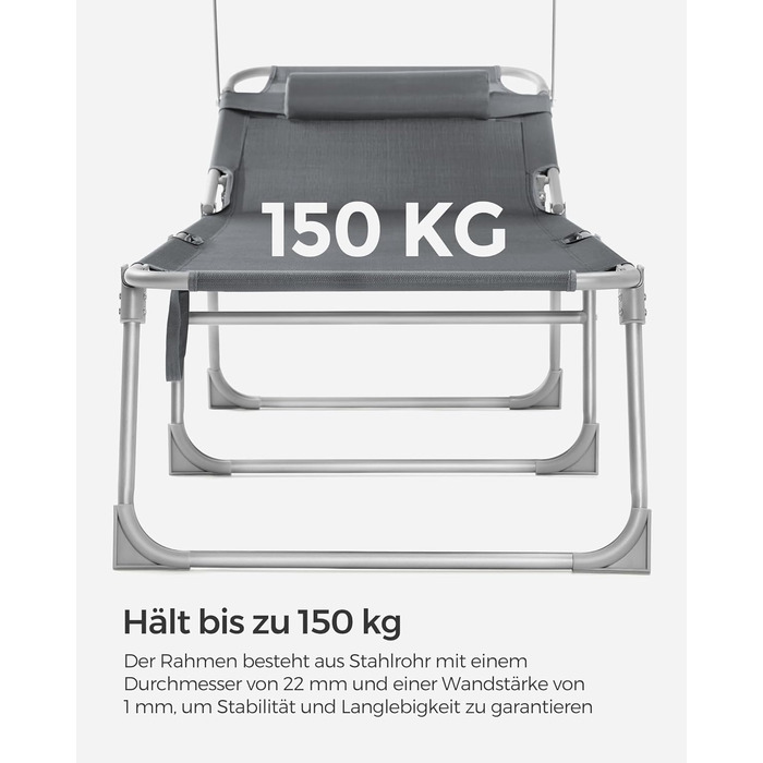 Лежак для відпочинку SONGMICS, розкладний, 193 x 53 x 29 см, до 150 кг, з подушкою, регульована спинка, для саду, басейну, тераси, темно-сірий