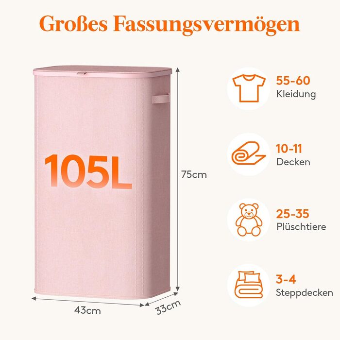 Кошик для білизни з кришкою Lifewit, 105л, рожевий, з міцним пластиковим каркасом, великий, складний, для спальні, ванної кімнати