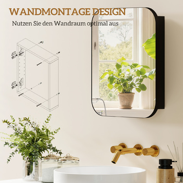 Дзеркальна шафка для ванної кімнати, шафка для ванної з дзеркалом, регульована полиця, 40,2 x 10,2 x 50,9 см, чорний