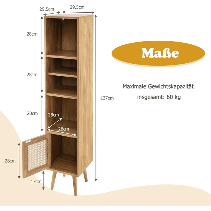 Висока шафа COSTWAY бохо, 4 полиці та дверцята з ротанга, 29,5x29,5x137см