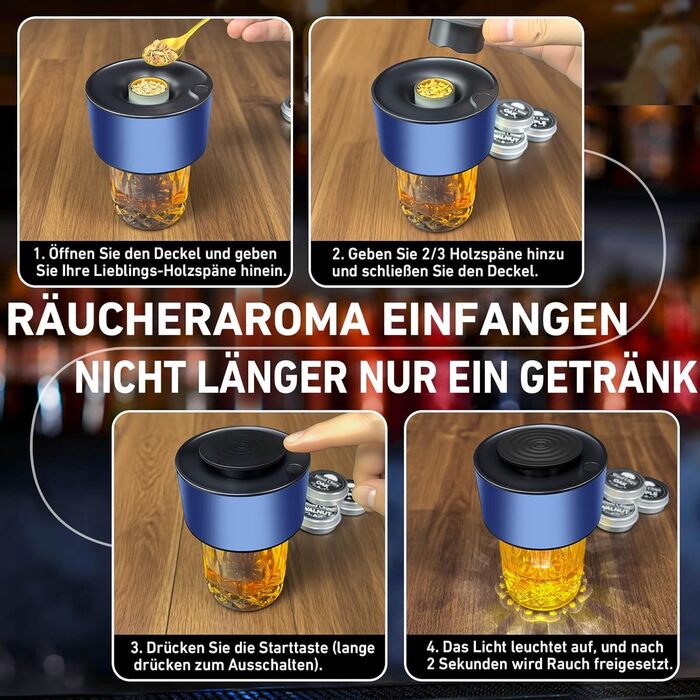 Електричний набір для копчення віскі з 6 дерев'яними чіпсами, перезаряджуваний, з вбудованим запальничкою, без бутану, ідея подарунка для чоловіків, батька, чоловіка або друга, з LED-підсвічуванням (блакитний)
