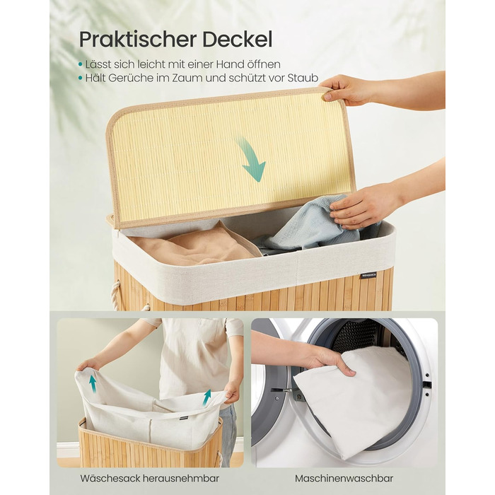 SONGMICS Кошик для білизни 95 л з кришкою, бамбук, з ручками, складний, знімний мішок для прання, для пральні, LCB060Y01