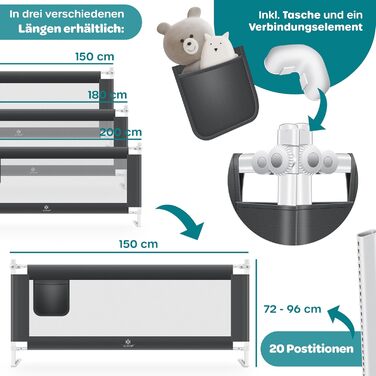 Захисний бортик для ліжка KESSER 150 см, сітчастий, складаний та регульований по висоті, захист від випадання для дітей та немовлят, темно-сірий