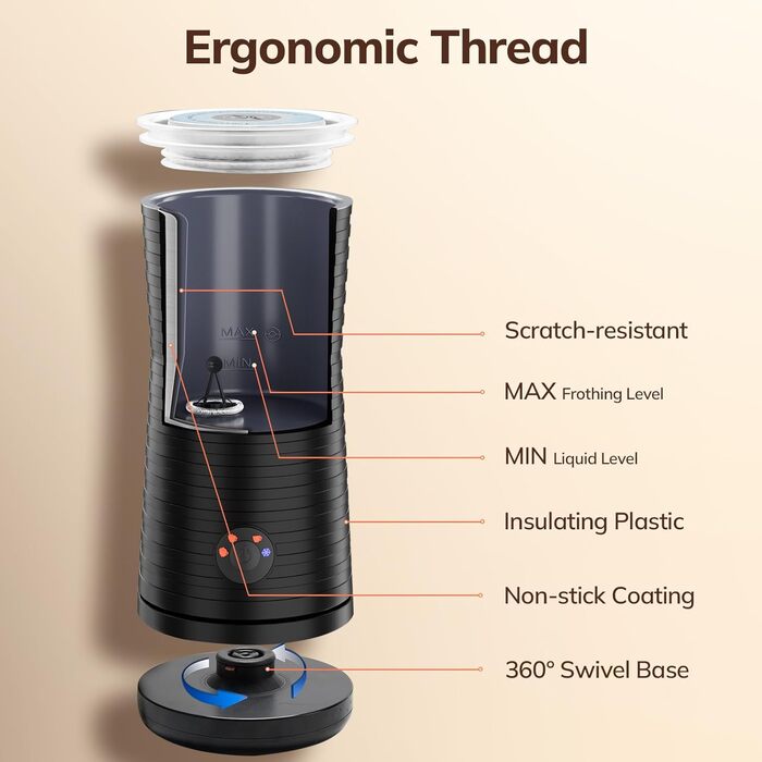 Morpilot Електричний спінювач молока 4-в-1, для лате, капучино, макіато (Чорний)