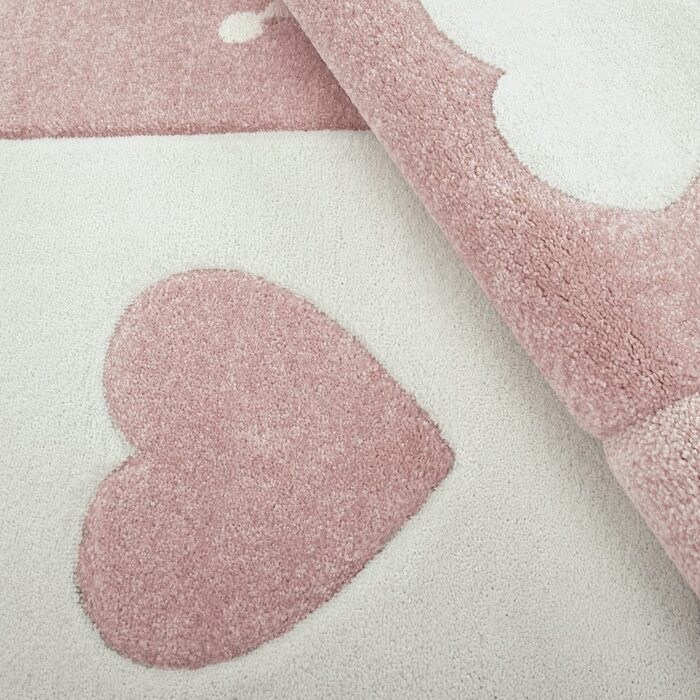 Домашній дитячий килим Paco пастельних тонів в клітку в горошок, сердечка, корона, білий, сірий, рожевий, Розмір 133 см в квадраті, 133 см в квадраті, рожевий