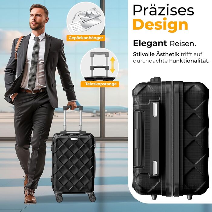 Набір валіз KESSER з 4 предметів, жорсткий корпус ABS, кодовий замок, ваги для багажу та дорожня сумка, колеса 360°, чорний