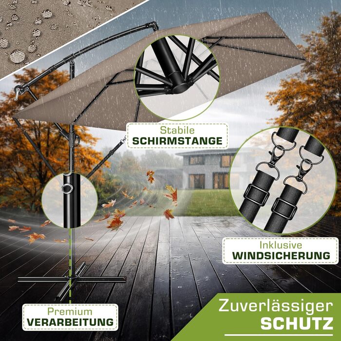 Прямокутна алюмінієва парасолька від сонця tillvex® 330 см з ручкою-котушкою, чохлом та стійкою, водовідштовхуюча, UV-захист, поворотна на 360°, колір капучино