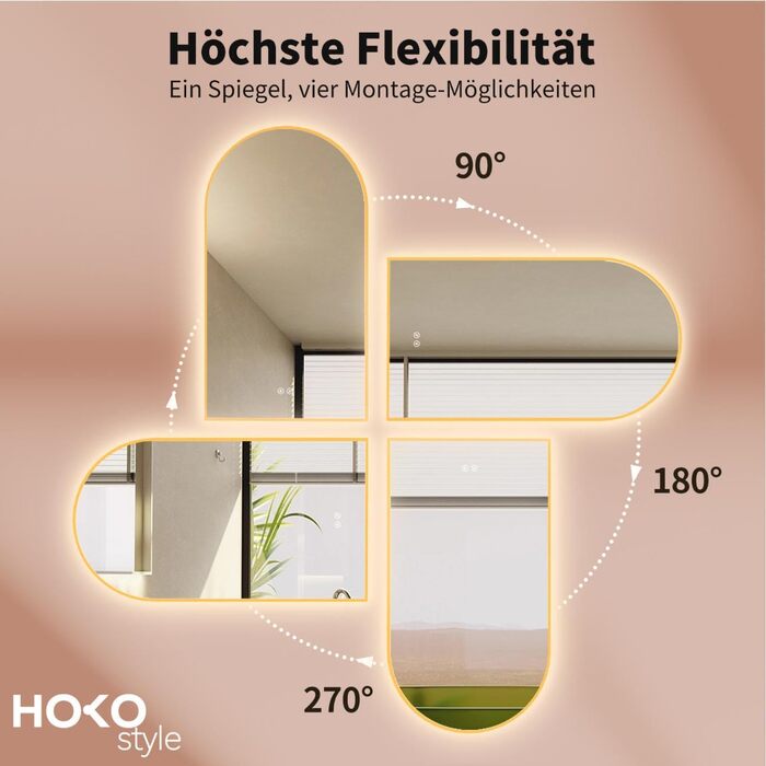 Дзеркало для ванної кімнати LED HOKO Design Turin, овальне, 45x75 см, матовий чорний, з підсвічуванням, сенсорне керування, зміна кольору світла (тепле/холодне/нейтральне), антизапарювання, монтаж HOCH+QUER