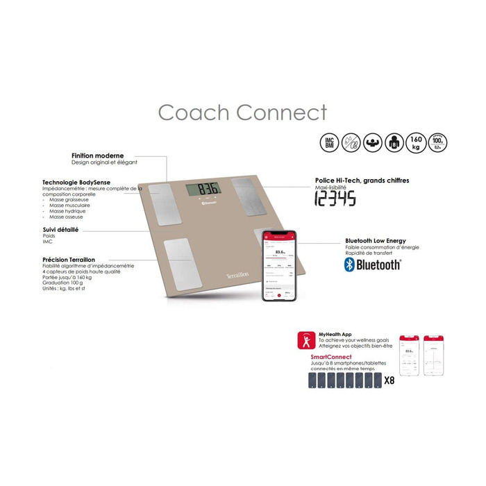 Ваги для ванної кімнати TERRAILLON Coach Connect IMC 8 користувачів Bluetooth з низьким енергоспоживанням місткість 160 кг коричневий