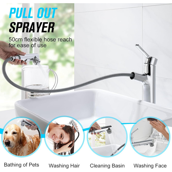 Сучасний змішувач для ванної кімнати CREA з висувною лійкою, 2 режими струменя, з міді, хром, для умивальника