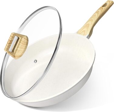 Сковорода з керамічним антипригарним покриттям GiPP – 24 см, здорова, нетоксична, для індукційних плит, без PFAS та PFOA, можна мити в посудомийній машині, з холодною ручкою, білий колір (білий, кришка 30+ см)