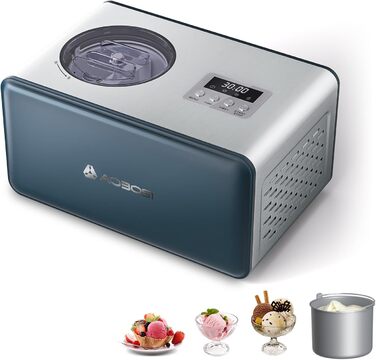 AAOBOSI Морозивниця 1.5 л з компресором, 4 режими, LCD-дисплей, без попереднього заморожування, довговічне охолодження, для м'якого морозива та сльошу, Springlane