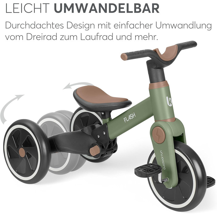 KikkaBoo Flash 5-в-1: Триколісний велосипед-каталка (від 18 міс.), трансформер, з регульованою ручкою, EVA колеса, сталевий каркас, колір хакі