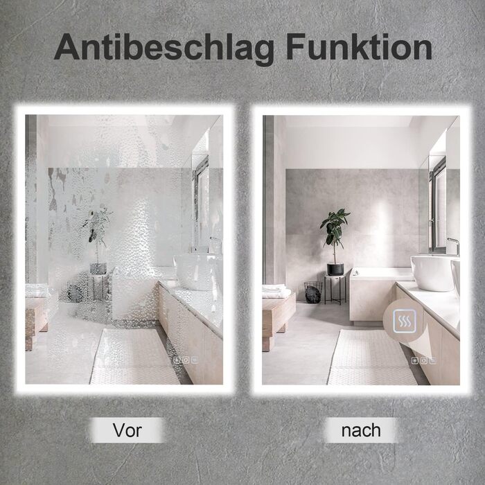 Дзеркало для ванної кімнати Furduzz LED, 70x50 см з підсвічуванням, сенсорним вимикачем, 3 кольори світла, регулювання яскравості, антизапарник, пам'ять налаштувань