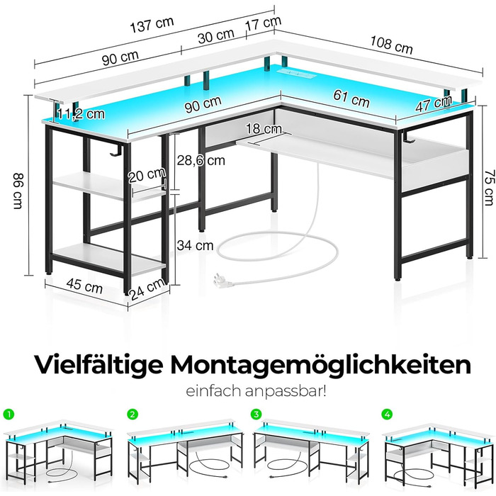 Ігровий стіл Rolanstar L-подібної форми з LED-підсвічуванням та розеткою, 137 x 108 см, комп'ютерний стіл з підставкою для монітора та місцем для зберігання, реверсивний кутовий стіл для офісу, домашнього офісу (Білий)