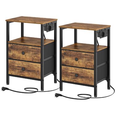 Нічний столик з підзарядкою, тумбочка з 2 шухлядами, приліжний столик з USB-портами та полицями, для вітальні, спальні, вінтажний коричневий та чорний XET02CBRY (2)