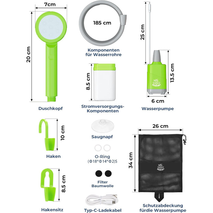 Кемпінговий душ DEERFAMY Відкритий портативний з насосом і спалахом SOS 130 лм світлової ефективності, велика ємність акумулятора до 90 хв Час роботи Зовнішній акумулятор IPX8 водонепроникний для подорожей у саду Зелений