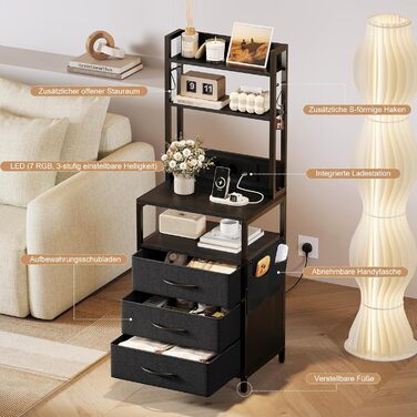 Нічний столик з підзарядкою та LED, приліжний столик з 3 висувними ящиками з тканини, нічник з полицею для книг, відкрите відділення, 2 розетки AC, 1 USB та 1 Type C роз'єми, для спальні, вітальні, офісу (Чорний) 40x30x60 см Чорний 1