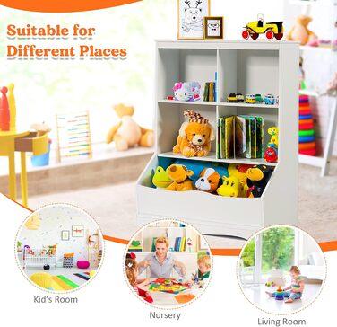 Полиця для дитячих іграшок GOPLUS, дерев'яна шафа для іграшок з 6 відкритими відділеннями та хвилястим дном, полиця для зберігання книг та іграшок, для дитячих кімнат, дитячого садка та вітальні, біла