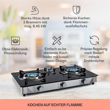 Газова плитка Klarstein Gaskocher 2-Flammiger, 7.7kW, з нержавіючої сталі, для кемпінгу та дому, 2 конфорки, портативна, з газовим шлангом та редуктором