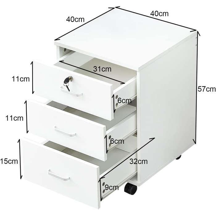 Тролейний контейнер TUKAILAI з 3 висувними ящиками, замок, для офісу, білий