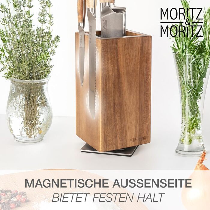 М'ясний блок Moritz & Moritz Akazie, поворотний на 360°, з магнітним утримувачем та знімним вкладишем з щетиною – зручний підставка для ножів на кухню, без ножів
