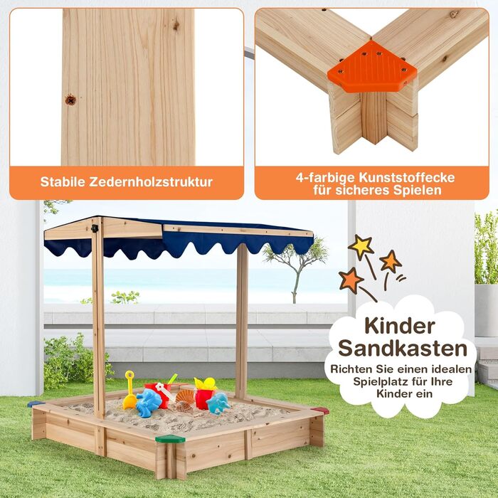 Дерев'яна пісочниця DREAMADE 121x121x120 см з регульованим дахом, для дитячого майданчика в саду, вдома, на пляжі