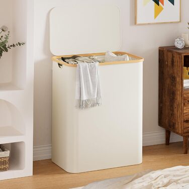 Кошик для білизни Youdenova з кришкою, великий, 160л, бамбук та дерево, сортувальник для білизни, білий