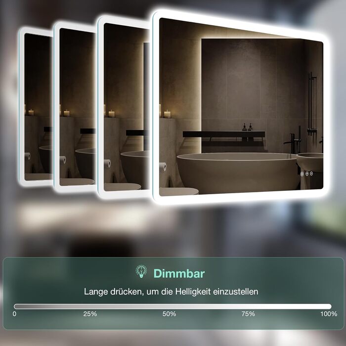 Дзеркало для ванної кімнати GIMBELEN LED з підсвічуванням 80x60 см, прямокутне, сенсорне керування, регулювання яскравості, 3 кольори світла, антизапарник, вертикальна/горизонтальна установка