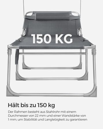 Лежак для відпочинку SONGMICS, розкладний, 193 x 53 x 29 см, до 150 кг, з подушкою, регульована спинка, для саду, басейну, тераси, темно-сірий