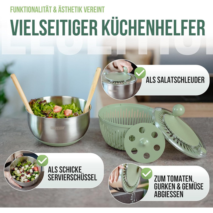 Салатниця-швидкоочисник з нержавіючої сталі з ручним приводом, 4.5л [2-в-1, випуск води, придатна для миття в посудомийній машині, неслизька]
