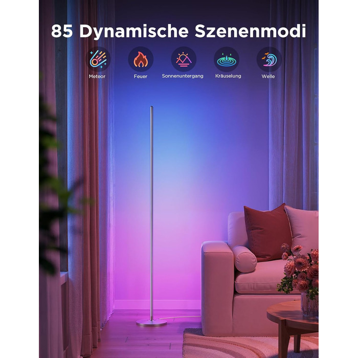 Govee RGBIC LED Торшер WiFi, Диммування, Alexa & Matter, 16 млн кольорів, 85 режимів, Музичний режим, DIY, для вітальні, спальні, геймінгу (Срібний, 1 шт)