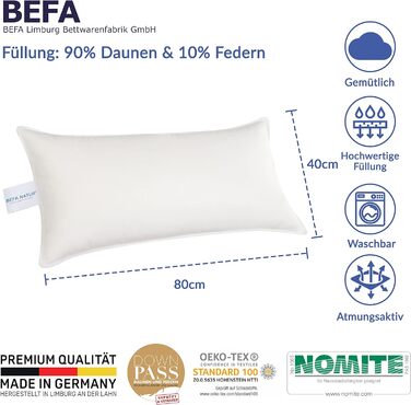 Подушка BEFA NATUR Made in Germany 40х80 см з 90 пухом і 10 пір'ям 1 класу, біла, вага наповнювача 400г. Підходить для алергії (номіт), даунпас (2 шт. и) (40 х 80 см)