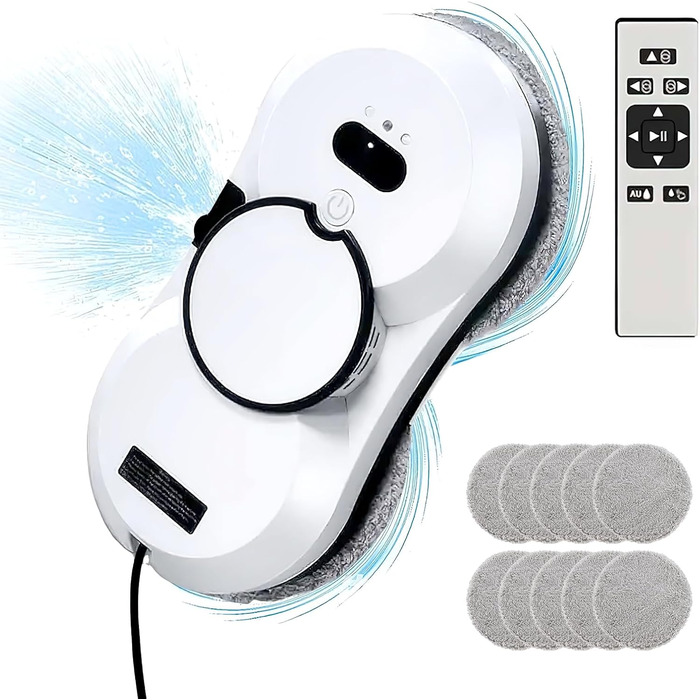 Робот для миття вікон з автоматичним струменем води, 5600 Па, для гладких поверхонь, з пультом дистанційного керування, з 10 мікрофібровими серветками