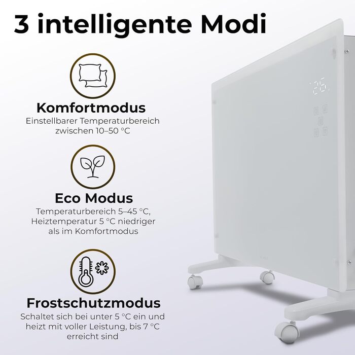 Конвектор електричний KLAMER Konvektor Pro 2500W з Wi-Fi, керуванням через додаток та таймером, режими ECO та Frostschutz, LED-дисплей, захист від перегріву, для дому та спальні, білий, настінний/підлоговий