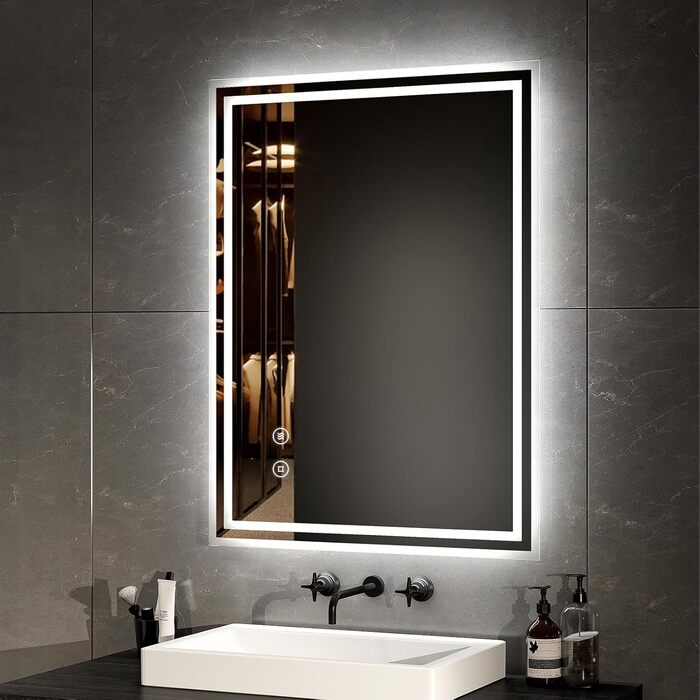 Дзеркало для ванної кімнати EMKE з підсвіткою 50x60 см, з антизапарюванням, 2 кольори світла (тепле/холодне), LED, сенсорне керування