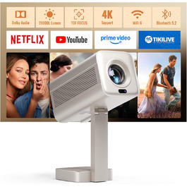 Mini проєктор Smart Beamer 4K з автофокусом, WiFi6, Bluetooth, 28000 люмен, підтримка Netflix та Dolby Audio. Підходить для домашнього кінотеатру та використання на вулиці. Сумісний з телефонами та ПК.